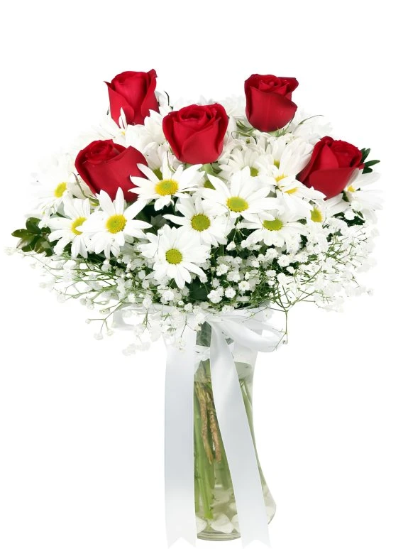 5 Gül ve Papatyalar Cam Vazo