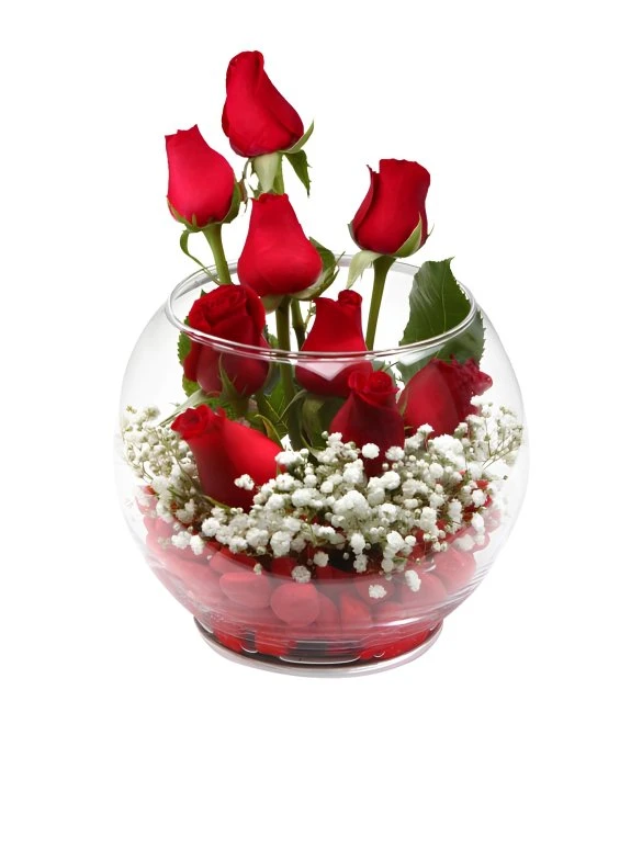 9 Adet Gül ve Taşlı Fanus